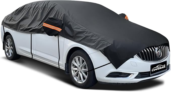 Half Car Cover for Medium-Size Sedan, Waterproof All-Weather Snow Sun Rain Protector with Reflective Strip, Durable Car Body Cover