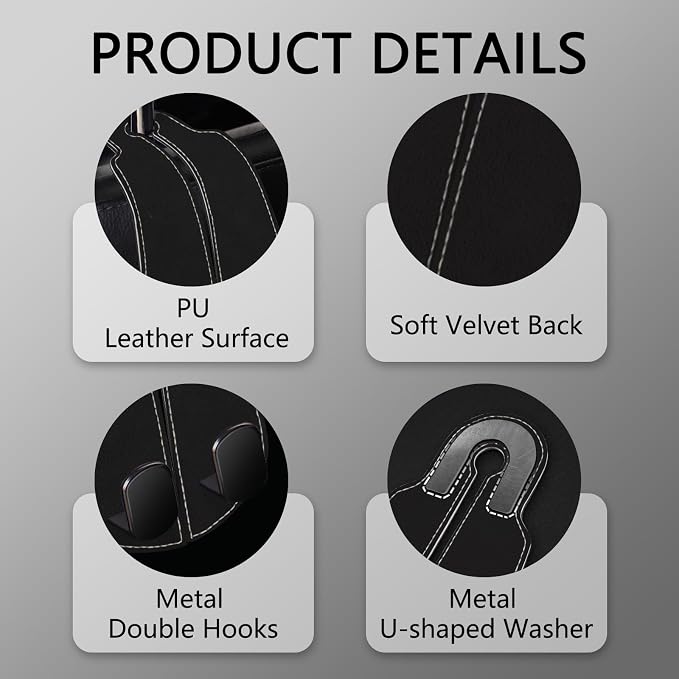 2PCS Car Seat Back Storage Headrest Hooks, Black Purse Holder Bags Hanger, Double Metal Hook for Backseat Organizer, Women Car Accessories Organization