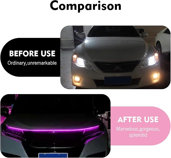 1PC Car Hood LED Strip Light, 59In Waterproof Pink Flexible LED Light Strip with Adhesive Tape, Exterior and Interior Decoration, Universal for Most Cars, Trucks, SUVs (Pink)
