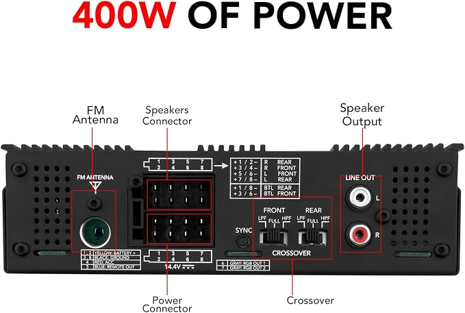Amplayer G2 Bluetooth Car Stereo Single DIN Media Receiver with Built-in 400W RMS Amplifier, 4 Channels, USB, SD, FM Radio, Hands-Free Calling, Audio Processor & RGB LED Control