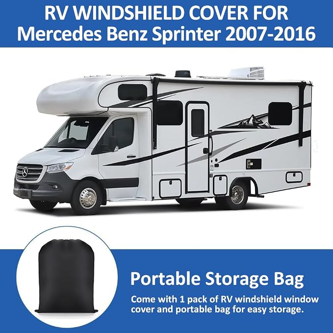 RV Windshield Cover for Class B Dodge Merce-des Benz Sprinter 2007-2016 Motorhome, RV Windshield Window Snow Cover for Front Window Sunshade Cover, RV Accessories with Mirror Cutouts Silver