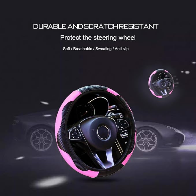 Ultra Fine Carbon Fiber Leather Steering Wheel Cover, Anti Slip and Sun Protective Protect the Steering Wheel, Easy to Install,Universal of 14.5"-15" (Pink)
