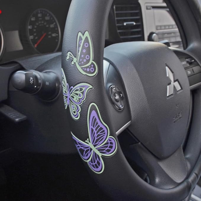 GripGrab Comfort Grip - Purple & Green Butterflies on Black Synthetic Leather Steering Wheel Cover 15 inch
