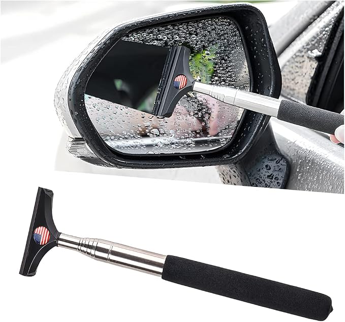 Car Rearview Mirror Wiper, American Flag Telescopic Auto Mirror Squeegee Cleaner, Glass Mist Cleaning Tool with Retractable 98cm Handle, Portable Car Windows Water Removal (Black/Red Flag)