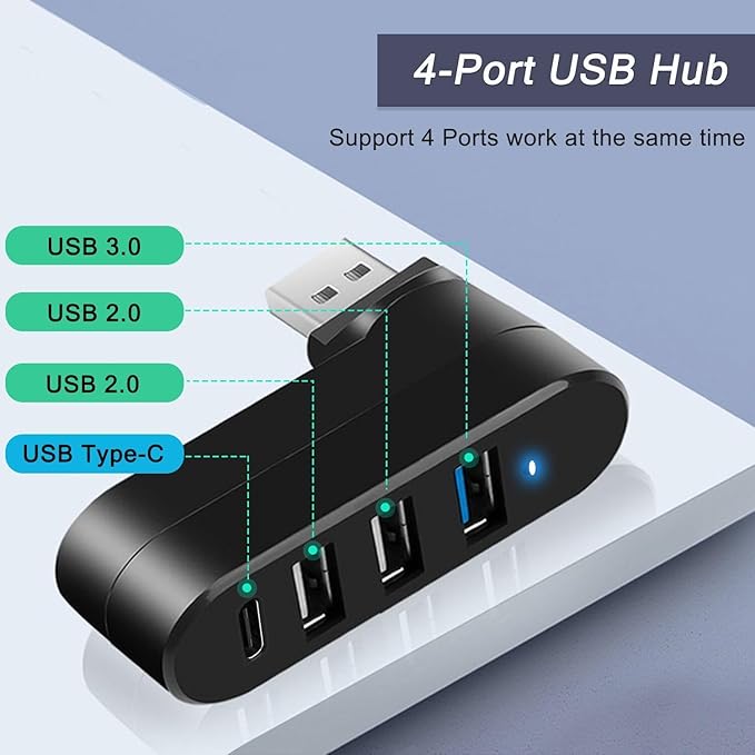 4-Port USB 3.0 Hub [90°/180° Degree Rotatable], USB Splitter with PD-in 5W USB C Port, USB Extender for Laptop, Car, iMac, MacBook Air, MacBook Pro, and More