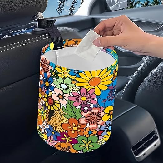 Portable Reusable Waterproof Car Trash Bin, Multipurpose Vehicle Organizer, Road Trip Essentials (Flower Bush)