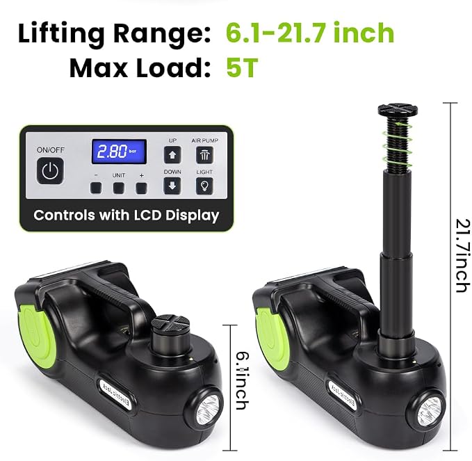 Electric Car Jack Kit 5 Ton,Hydraulic Car Jack Lift DC12V with Electric Impact Wrench & Inflator for SUV MPV Sedan Truck Tire Change & Garage Repair（Lifting Range 6.1-21.7 inch）