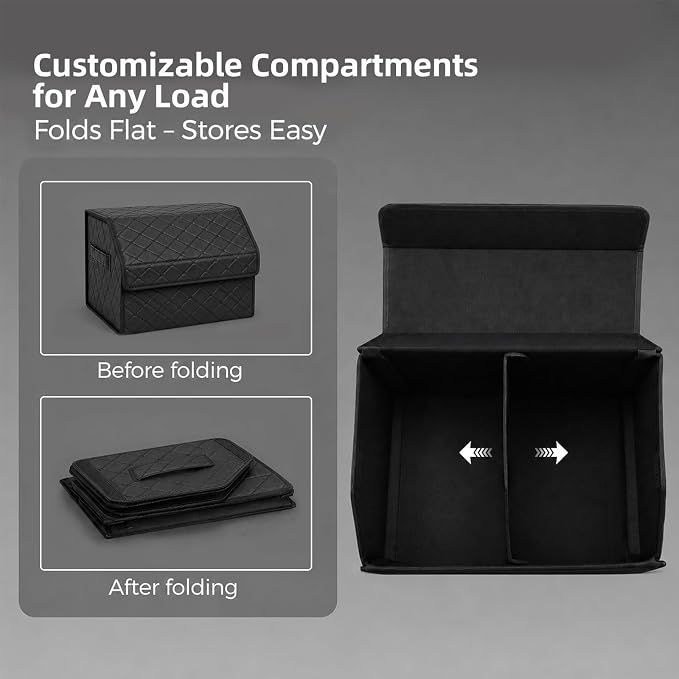 Leather Car Trunk Organizer with Lid,65L Foldable Storage Box for Universal Cars, SUVs, Sedans and MPVs, Removable Divider, Carry Handles, Black