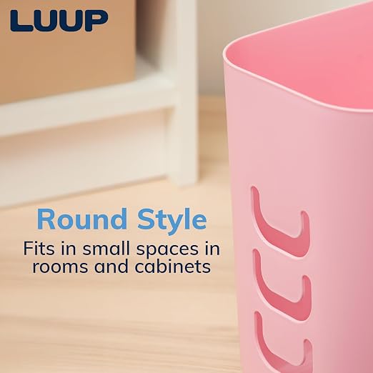 Luup Bathroom Wastebasket, Secure Grocery Bags, Plastic Garbage Container for Vanity, Laundry Room, Kitchen, Office, 2.5 Gallon, Pink, Made in USA