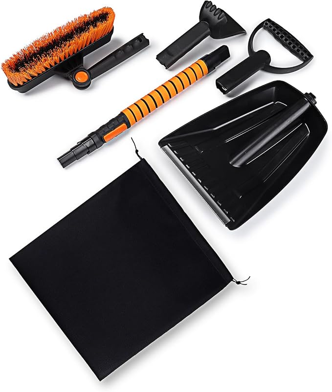 ABS Aluminum 41" Snow Brush Ice Scraper with Snow Shovel 4-in1, Foam Grip, Orange Black, Extendable Handle, 180° Pivoting Head w/Wiper Blade, for Car Truck SUV Winter Christmas Home Use