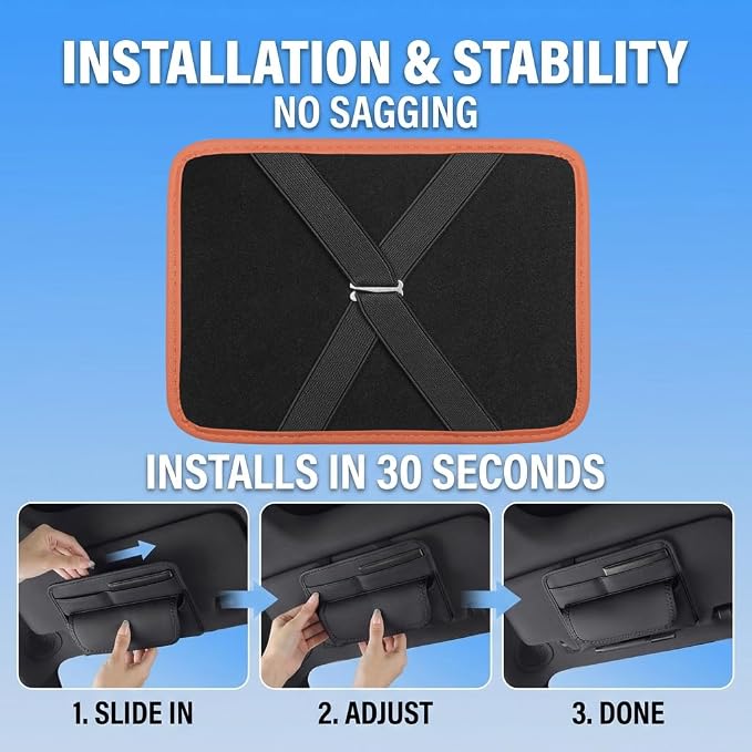 Car Visor Organizer – Sun Visor Storage Pouch Holder for Vehicle Truck SUV, PU Leather Auto Interior Accessories for Registration Document, Gas Card & Sunglasses, Universal Fit (Black)