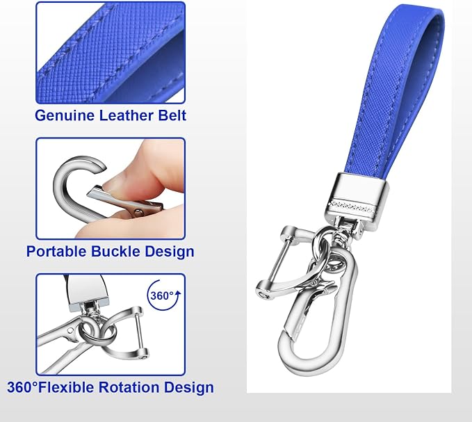 Genuine Leather Car Keychain,Universal Heavy Duty Metal Key Chain Accessories,Car Fob Key Keychain Holder with 360 Degree Rotatable Snap Swivel and Anti-Lost D-Ring for Men Women(Dark Blue)