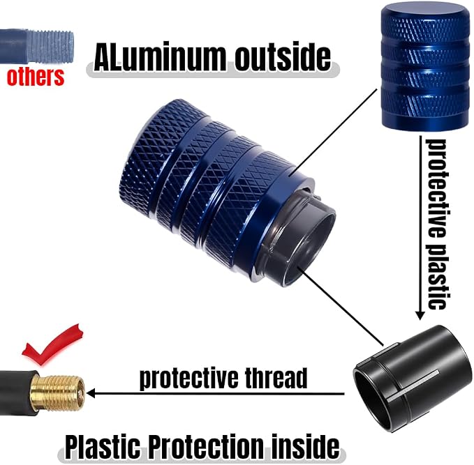 4-Piece Anodized Aluminum-Plastic Composite Tire Valve Stem Caps with Integrated Plastic Sleeve,Corrosion-Resistant and Universal Fit,Suitable for Cars, Trucks, and Motorcycles (Blue)