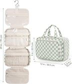 Travel Toiletry Bag for Women Large Capacity, Hanging Makeup Bag Organizer Toiletries Bag for Full Size Essentials, Accessories, Brushes, Cosmetics (Mint Green Checkerboard (Large))