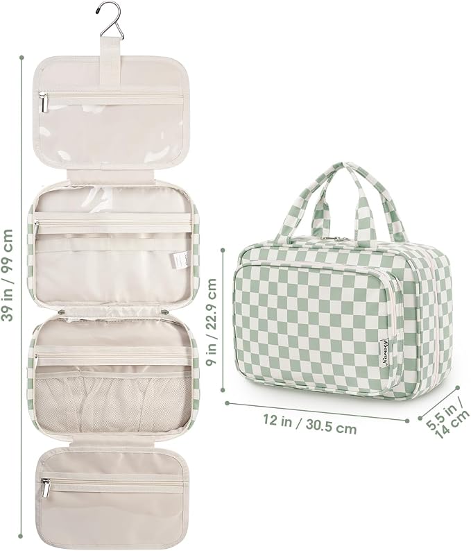 Travel Toiletry Bag for Women Large Capacity, Hanging Makeup Bag Organizer Toiletries Bag for Full Size Essentials, Accessories, Brushes, Cosmetics (Mint Green Checkerboard (Large))