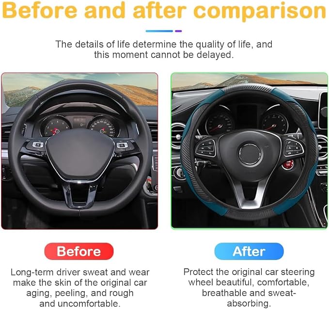 Car Steering Wheel Cover, 15 inch Carbon Fiber Microfiber PU Leather Elastic Steering Wheel Protector for Men Women, Anti-Slip Breathable Car Interior Accessories for Most Cars (Black Green)