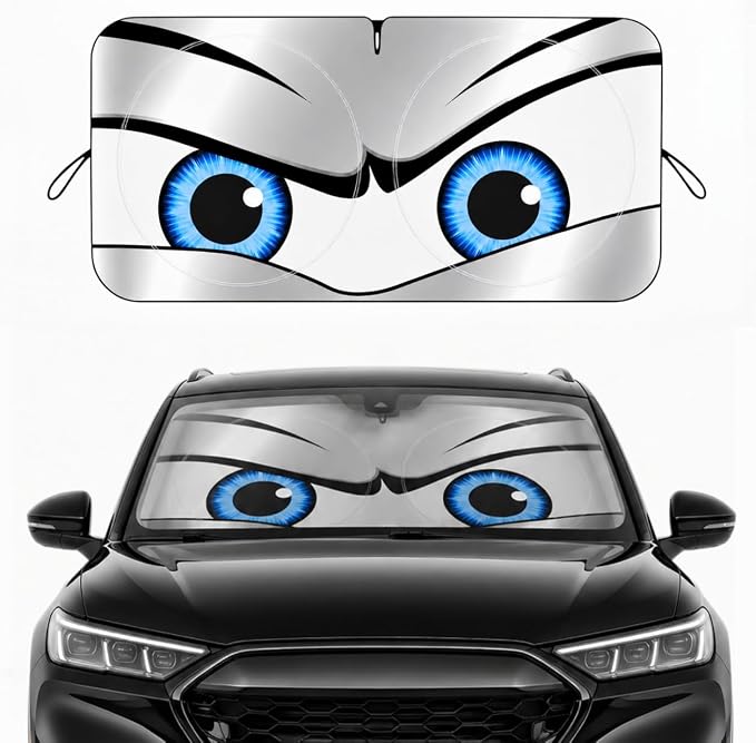 Car Windshield Sun Shade, Universal Fit Midsized Sedan SUV, Sporty Silver | 63 x 31.5" Windshield Cover, Foldable Front Window Sunshade, UV Heat Protection, Cute Eyes Series