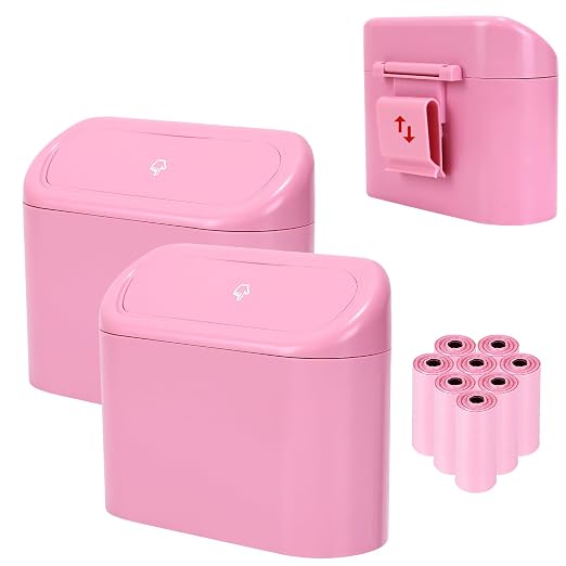 2 Pack Mini Car Trash Can with Lid, Small Car Garbage Can, Cute Leakproof ABS Trash Bin, Auto Accessories for Interior, Garbage Bin for Home, Office with 120pcs Trash Bags Pink