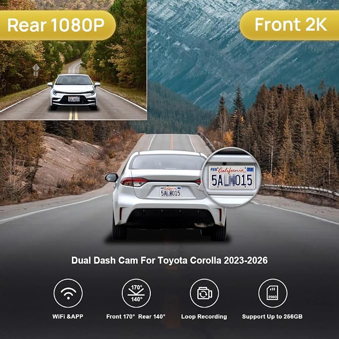 Front 2K+Rear 1080P Dash Cam Adapts for Toyota Corolla 2023-2026 Sedan Hybrid Hatchback, OEM Style, Dual HD Video, Built-in WiFi & APP, Loop Recording, G-Sensor, Easy to Set, 64GB Card