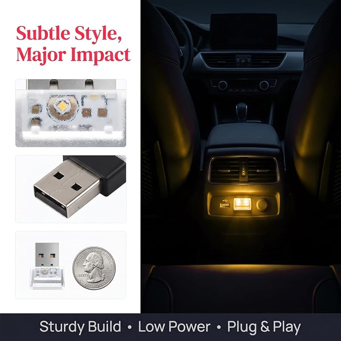 4PCS USB LED Car Interior Atmosphere Lamp, Portable Mini, Yellow | 5V USB-A plug-in, soft accent glow, no wiring, decor night light, car accessories for cars, SUVs, trucks