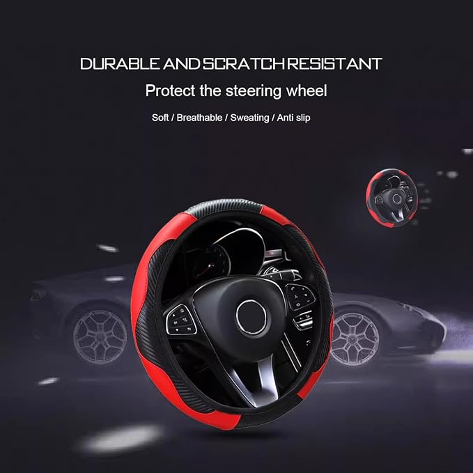 Ultra Fine Carbon Fiber Leather Steering Wheel Cover, Anti Slip and Sun Protective Protect The Steering Wheel, Easy to Install,Universal of 14.5"-15" (Red)