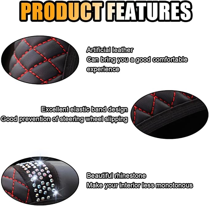 15 Inch Bling Soft Leather Car Steering Wheel Cover, Black Red | Colorful Rhinestones Design, Auto Elastic Protector for Women Girls, Crystal Diamond Car Accessories for Most Cars, SUVs