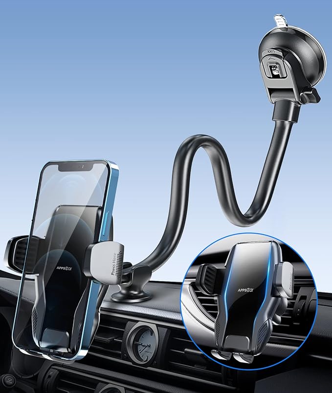 13" Gooseneck Phone Mount for Car Windshield Dashboard Vent, Cell Phone Holder for Car Truck with Strong Suction Cup, Anti-Shake Stabilizer, One-Hand Operation, Fits Most Smartphones