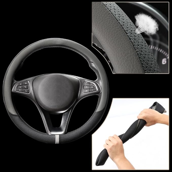 Breathable Steering Wheel Cover Microfiber Leather with Center Mark Design Universal Medium Size 14 1/2-15 Inch Gray and Black