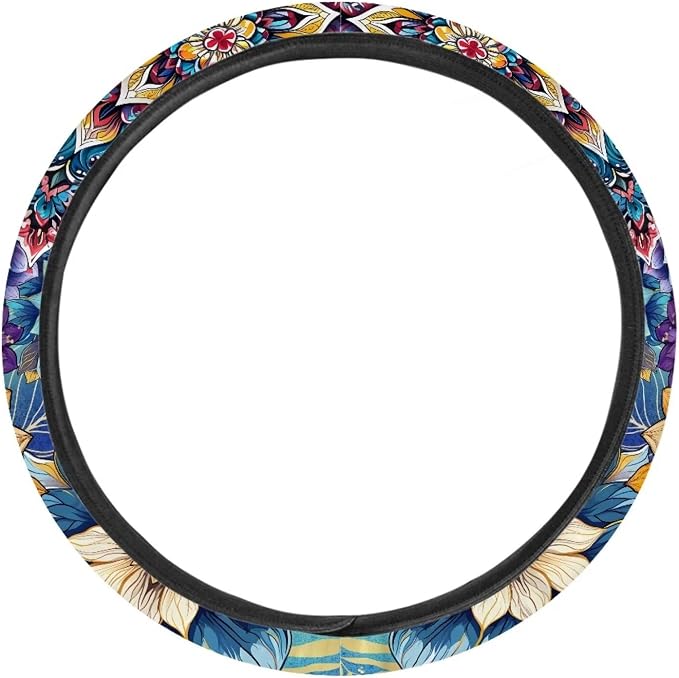 Car Steering Wheel Covers for Womens Boho Flower Steering Wheel Cover Soft Anti-Slip Rubber Stretch-on Steering Wheel Protector Cover Sweat Auto Accessories Interior Decor