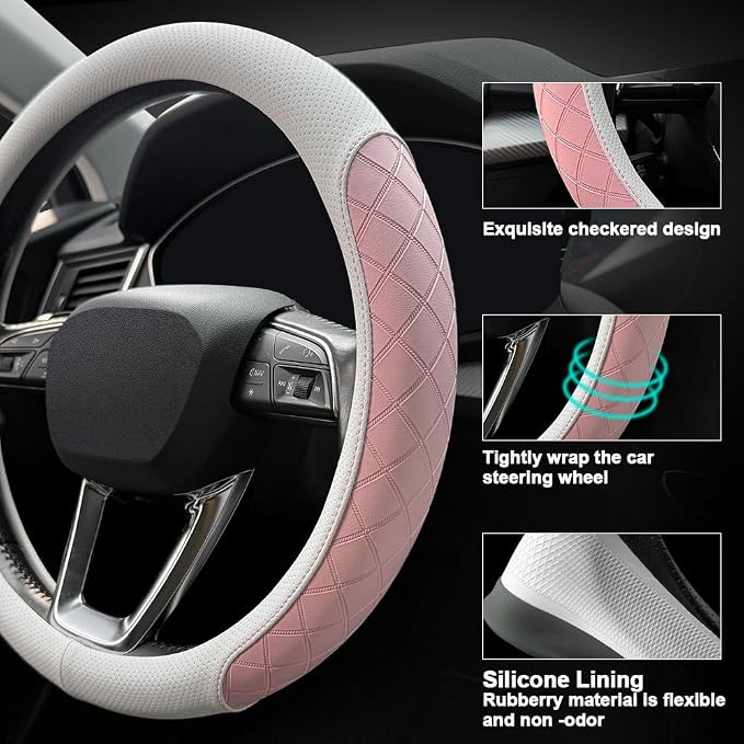 Nappa Leather Steering Wheel Cover,Elegant Diamond Checkered Design, Non-Slip wear-Resistant, Enhance Driving Comfort, Suitable for Steering Wheel Diameter 14 1/2‘-15’ Models.White and Pink