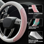 Nappa Leather Steering Wheel Cover,Elegant Diamond Checkered Design, Non-Slip wear-Resistant, Enhance Driving Comfort, Suitable for Steering Wheel Diameter 14 1/2‘-15’ Models.White and Pink