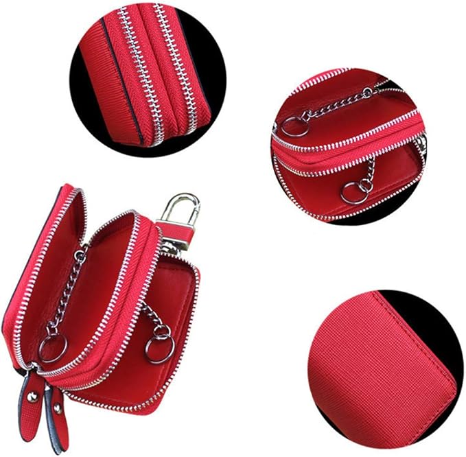 Car Key Fob Holder for Women, Genuine Leather Car Key Case Keychain Holder Metal Hook and Keyring Zipper, 2 Sides Pocket