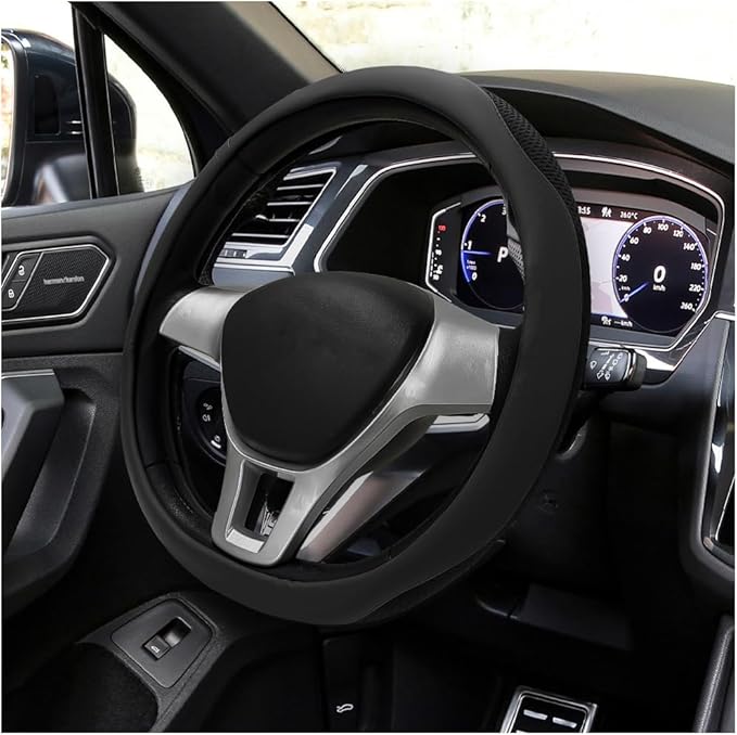 Car Steering Wheel Cover, Leather Breathable Ice Silk Auto Wheel Wrap with Anti-Slip Lining, Scratch-Resistant Elastic Protector Fit for 14.5-15 Inch Steering Wheels (Black)