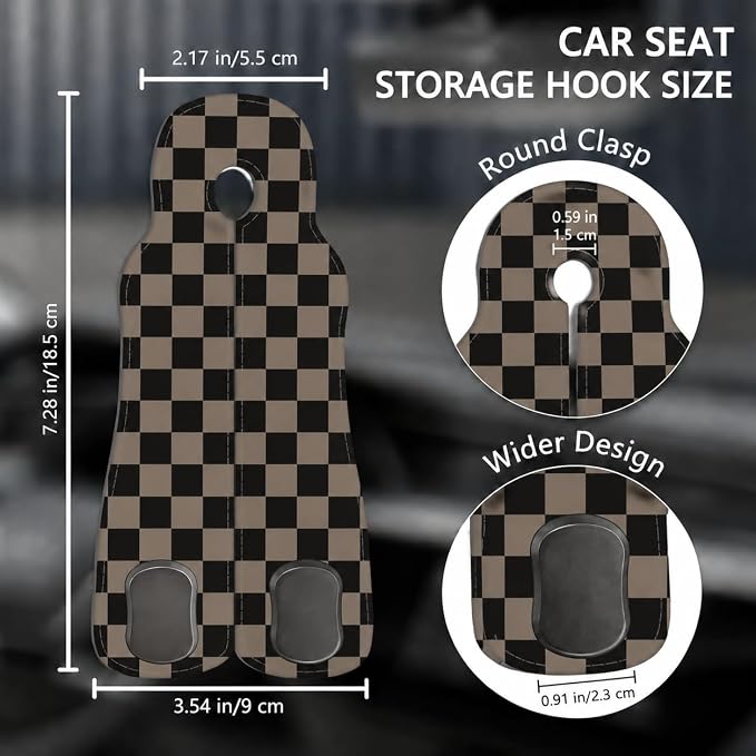 Cute Checkered Car Seat Back Storage Headrest Hooks for Purses & Bags – 2PCS PU Leather Dual Metal Hooks, Backseat Organizer Accessories