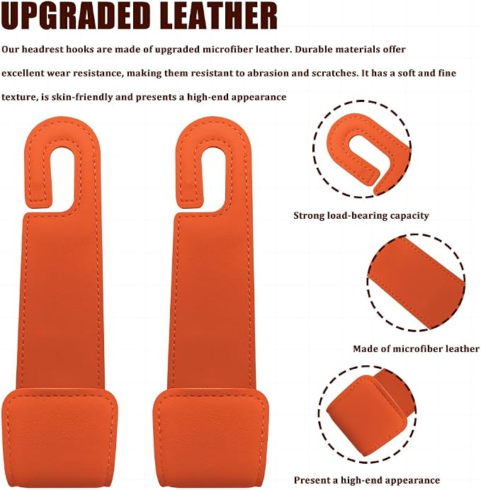 2PCS Car Seat Headrest Hooks, Purse Hook for Car, Automotive Headrest Handbags Holder, Auto Accessories Leather Seatback Organizer Hanger for Hanging Purses Bags Coats (Orange, 2PCS)