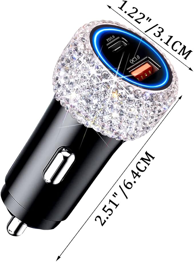 USB C Car Charger Adapter 54W Bling Diamond PD & QC 2-Port Type C Compact Car Charger Compatible for iPhone, iPad, Samsung Galaxy, LG, Google Pixel, Moto, USB-C Port