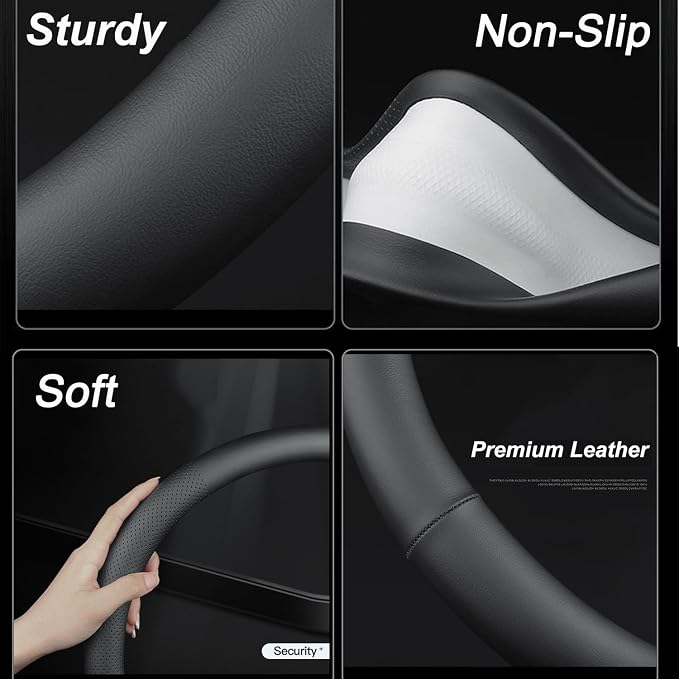 D-Shaped Car Steering Wheel Cover for Volkswagen VW Atlas Tiguan ID.4 Taos Passat Golf Jetta Beetle Polo GTI CC Touareg SE SEL R-line S Cross Sport Accessories, 2026 Leather Black