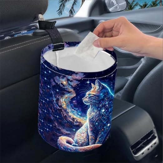 Portable Reusable Waterproof Car Trash Bin, Multipurpose Vehicle Organizer, Road Trip Essentials (Cat)