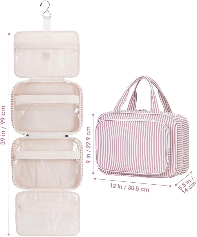 Striped Travel Toiletry Bag for Women Large Hanging Makeup Bag Organizer Toiletries Bag for Full Size Essentials Accessories Cosmetics (Dusty Pink Stripe (Large))