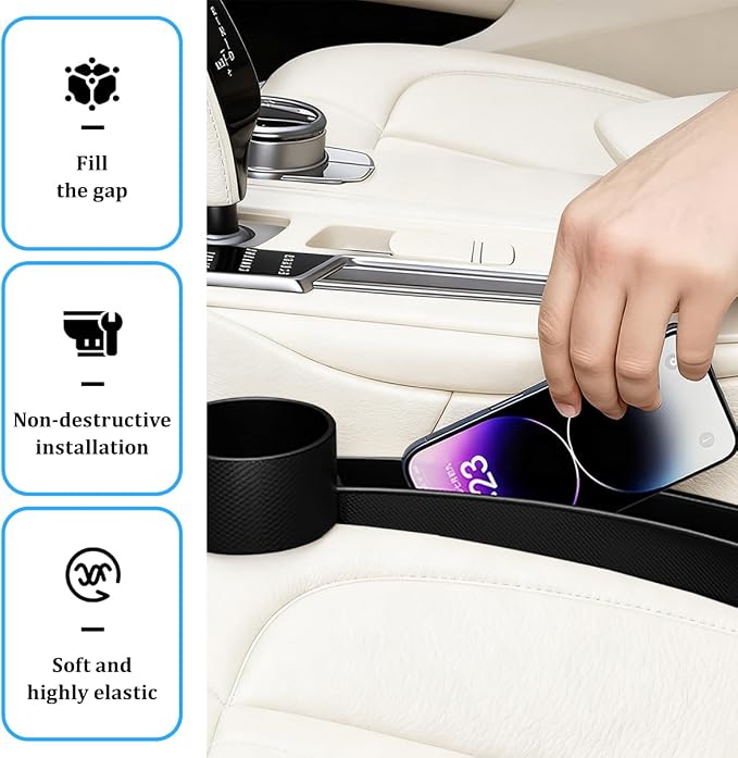Car Seat Gap Filler, 2PCS Anti-Drop Multifunctional Vehicle Seat Side Gap Plug with Storage Slot, Automotive Blocker Seam Filler Console Organizer, Universal for SUV RV Truck (Black)
