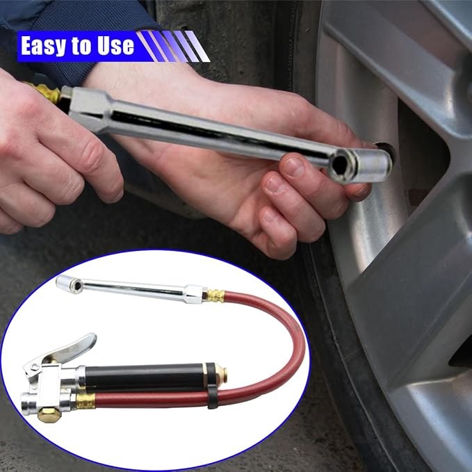 10-120 PSI Tire Pressure Gauge with Inflator 12" Air Hose, Heavy Duty Dual Head Air Chuck with 4 Way Tool and Valve Cores, Tire Inflator Car Accessories for Truck SUV Motorcycle
