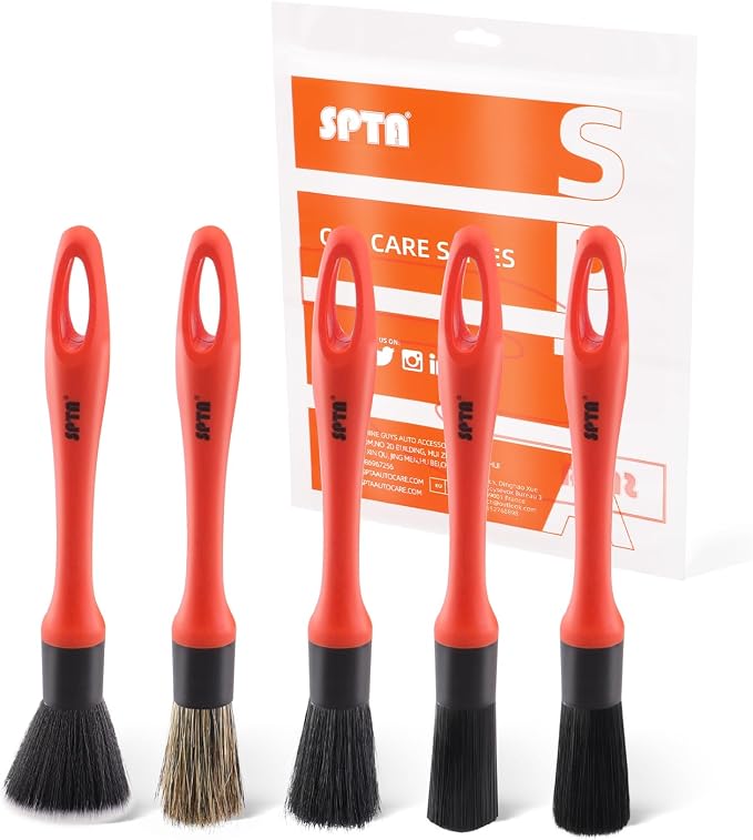 Car Detailing Brush Set, 5 Pack Soft Mixed Hair Auto Detail Brush Kit No Scratch for Automotive Elegant Surface Interior Exterior Dashboard Emblems Panels Engine Bay Wheels Air Vent Seat Leather