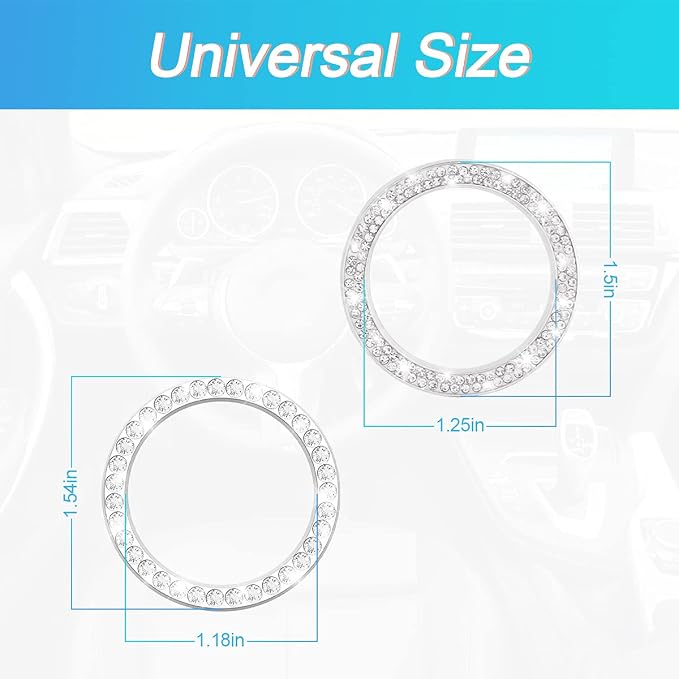 Car Bling Crystal Rhinestone Engine Start Ring Stickers, 1 Single Drainage Drill and 1 Double Drainage Drill Car Start Button Cover, Key Ignition Knob Bling Ring Decals, Car Accessories(Set Silver)