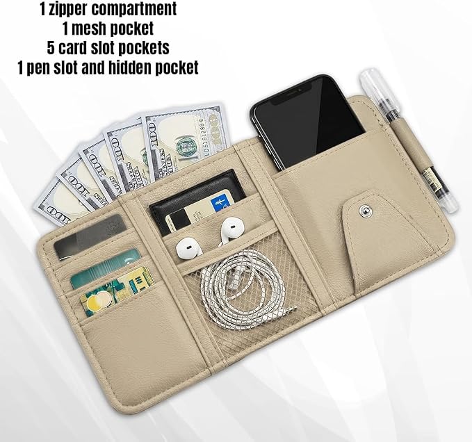 Car Sun Visor Organizer, Truck Visor Organizer, Leather Multi-Pocket Auto Visor Storage Pocket Pouch Holder with Zipper, Auto Accessories Storage Bag for Driving License Card Pen (Beige)