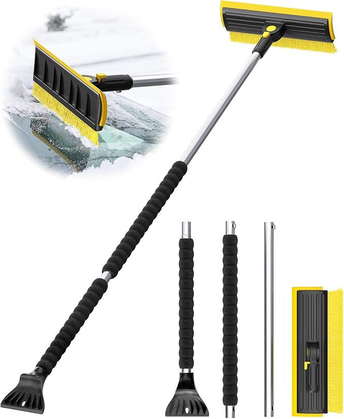 2025 Extra Long 55.7" Ice Scrapers for Car Windshield Multi-Functional Detachable Car Ice Scraper with Foam Grip and 270° Pivoting Brush Head Snow Brush for SUV Truck Auto(Yellow)