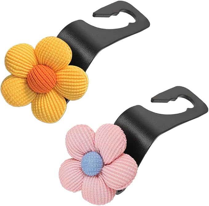 2PCS Car Seat Headrest Hook, Cute Flower Vehicle Backseat Purse Handbag Storage Hanger, Floral Auto Seat Back Holder Hook for Coat Umbrella Grocery, Universal for Vehicles (Pink/Yellow)