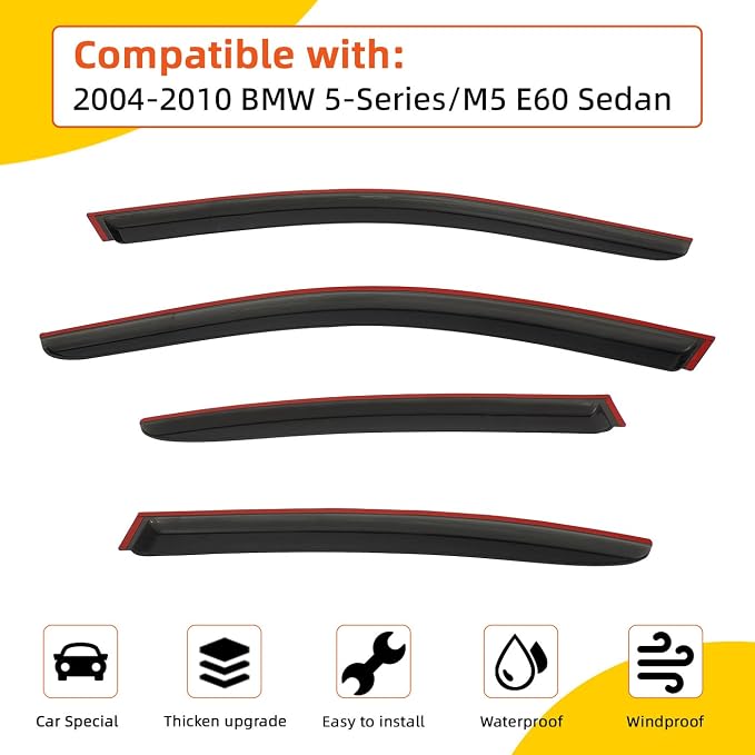 Rain Guards Compatible with 2004-2010 BMW E60 5-Series 4-Door Sedan M5 525 528 530 535 545 550 i xdrive xi Tape-On Side Window Visor Wind Deflector Vent Visors Car Accessories