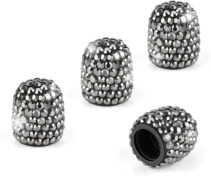 4 Pack Handmade Crystal Rhinestone Tire Valve Stem Caps, Universal for Cars, Trucks and Motorcycles - Glossy Black