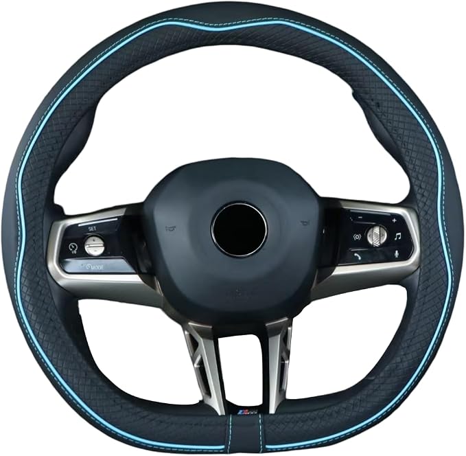 Flat Bottom Steering Wheel Cover Anti-Slip,Safety,Soft,Breathable,Durable,Full Surround,Comfortable Grip Microfiber Leather (D-Shape, Black Blue)