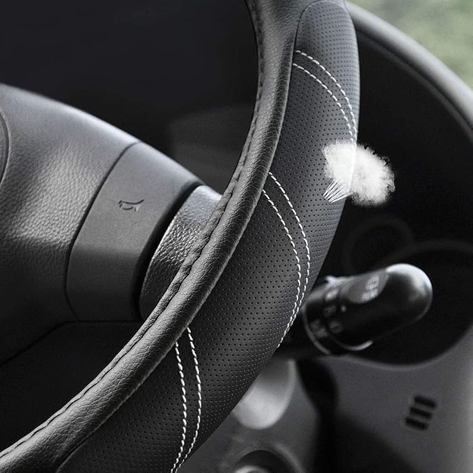 Sport Leather Steering Wheel Cover 14 1/2 inch to 15 inch Universal, Padded Soft Grip Breathable for Car Truck SUV Jeep, Anti Slip Odorless Black